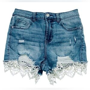 Almost Famous Size 1 Juniors Blue Cut Off Denim Shorts With Lace Detail Juniors